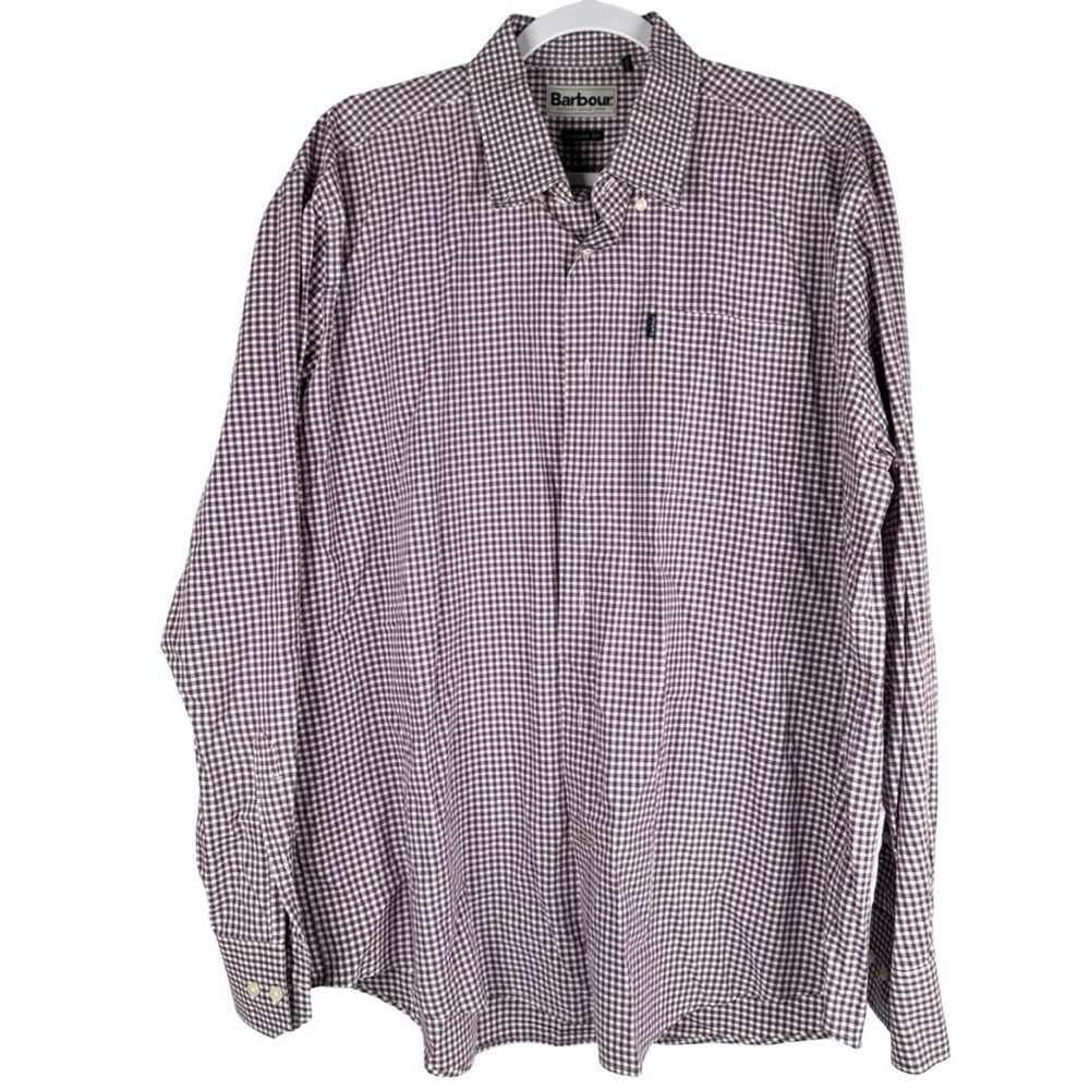 Barbour Burgundy White Gingham Regular Fit Button Down Shirt Men’s Size Large